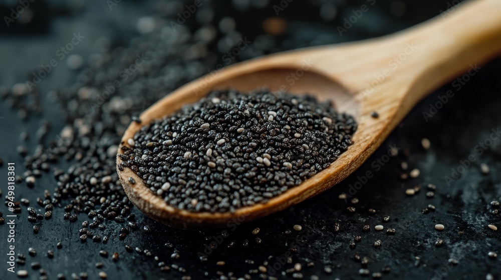 A wooden spoon coated with black chia seeds A wooden spoon coated with black chia seeds