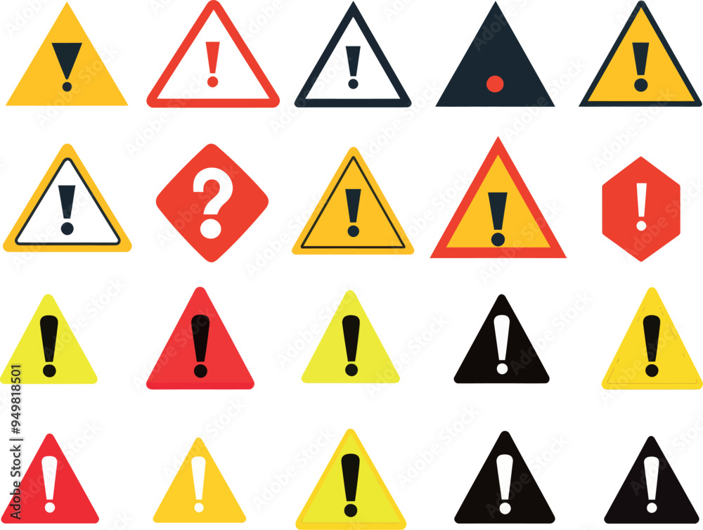 The danger and warning sign set consists of an exclamation mark sign. Caution icon. The danger and warning sign set consists of an exclamation mark sign. Caution icon.