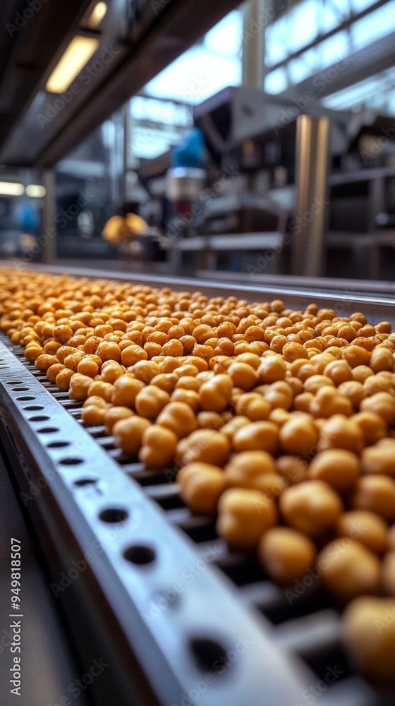 Fototapeta premium Chickpeas being roasted and seasoned on a conveyor belt in a bright industrial kitchen.