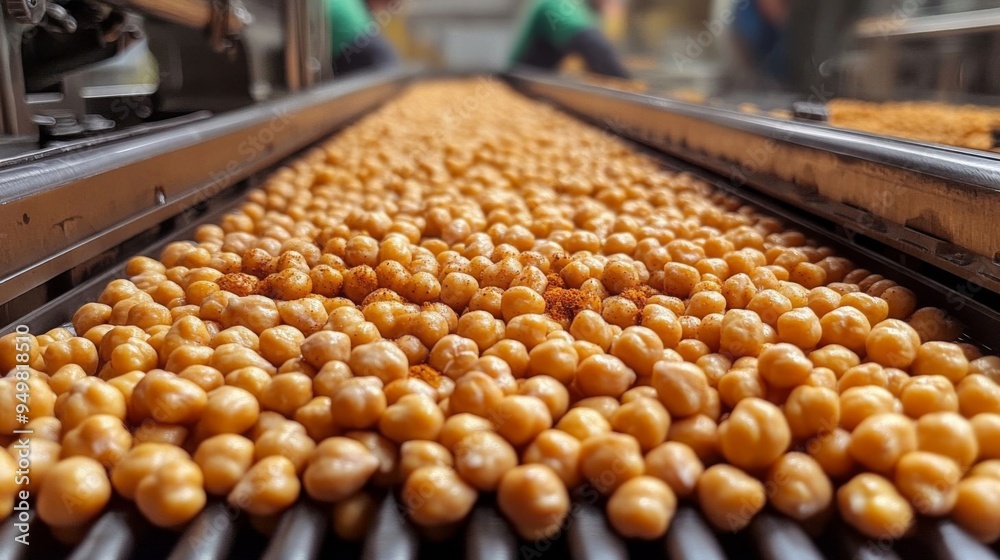 Chickpeas being roasted and seasoned on a conveyor belt in a food production factory. Chickpeas being roasted and seasoned on a conveyor belt in a food production factory.
