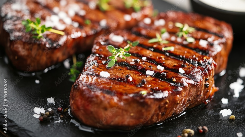 Closeup of barbecued dry aged wagyu ribeye beef steaks topped with herb and black salt on a white board with copy space: Closeup of barbecued dry aged wagyu ribeye beef steaks topped with herb and black salt on a white board with copy space: