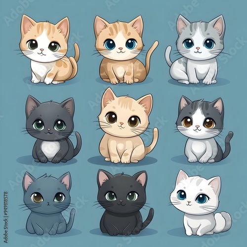 Cartoon Kitty Crew Diverse Cat Companions in Soothing Blue Ambiance