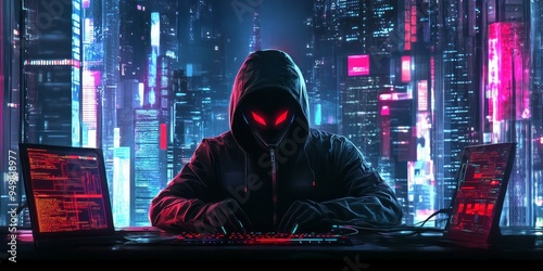 Hooded figure hacking computer in neon city.