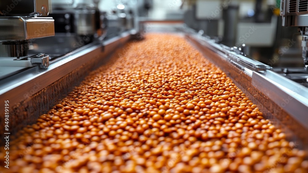 A conveyor belt in a factory washing and drying orange lentils, showcasing the food processing environment. A conveyor belt in a factory washing and drying orange lentils, showcasing the food processing environment.