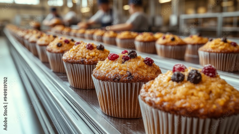 Freshly baked muffins topped with berries are being prepared in a commercial kitchen by professional chefs. Freshly baked muffins topped with berries are being prepared in a commercial kitchen by professional chefs.