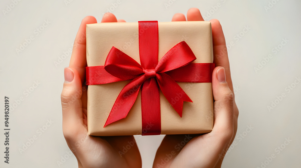 Hands holding a wrapped gift box with red ribbon. Hands holding a wrapped gift box with red ribbon.
