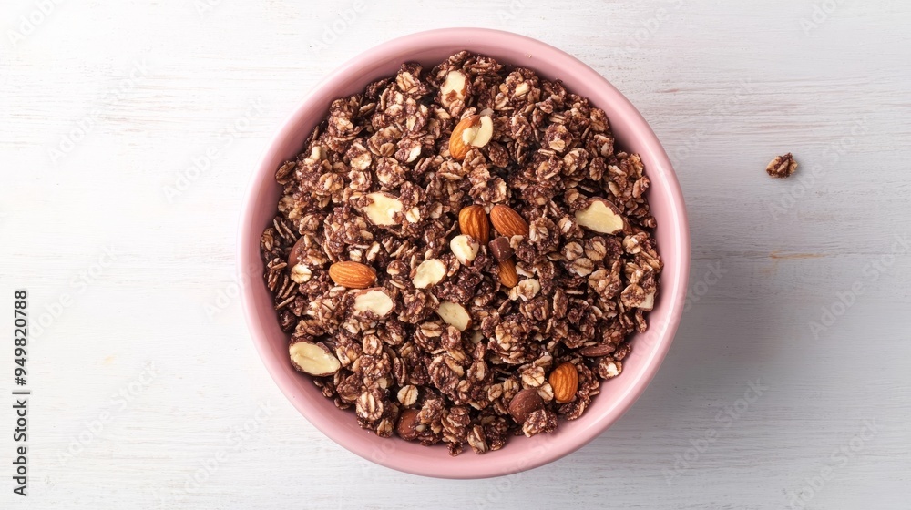Homemade granola w/ nuts in a pink bowl on a white surface, top-down view.