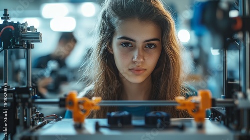 A girl is looking at a machine with her face