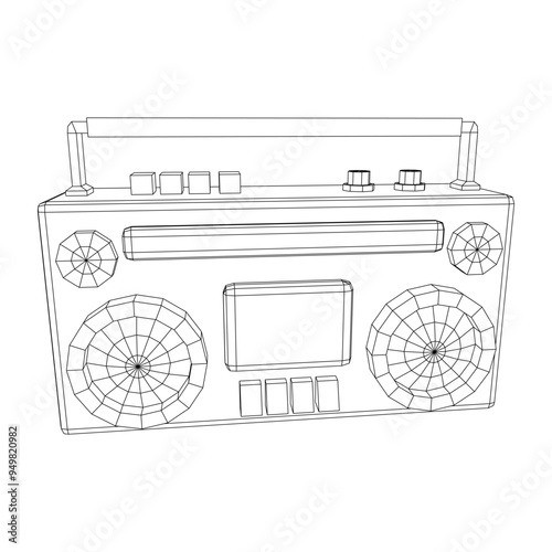 Retro Boombox outdated portable cassette tape recorder. Wireframe low poly mesh vector illustration.