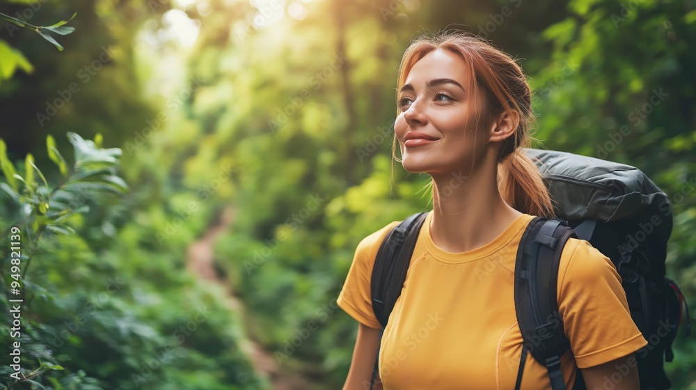 Active healthy woman hiking in beautiful forest. Active healthy woman hiking in beautiful forest.