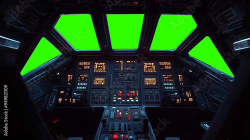 Fototapeta Naklejka Na Ścianę i Meble -  Futuristic spaceship cockpit pilot view with green screen for compositing, advanced control panels, immersive sci-fi design, new beautiful stock image illustration AI.