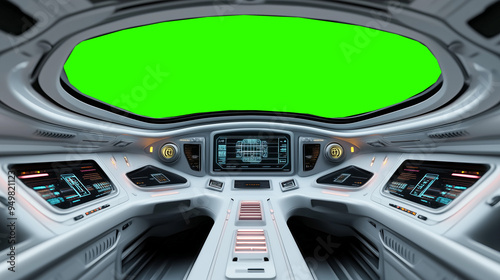 Fototapeta Naklejka Na Ścianę i Meble -  Futuristic spaceship cockpit pilot view with green screen for compositing, advanced control panels, immersive sci-fi design, new beautiful stock image illustration AI.
