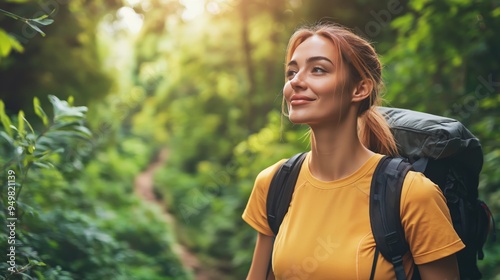 Active healthy woman hiking in beautiful forest.