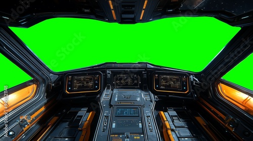 Fototapeta Naklejka Na Ścianę i Meble -  Futuristic spaceship cockpit pilot view with green screen for compositing, advanced control panels, immersive sci-fi design, new beautiful stock image illustration AI.