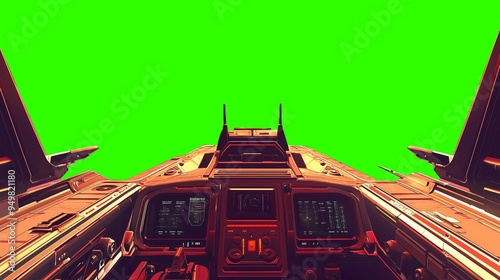 Fototapeta Naklejka Na Ścianę i Meble -  Futuristic spaceship cockpit pilot view with green screen for compositing, advanced control panels, immersive sci-fi design, new beautiful stock image illustration AI.