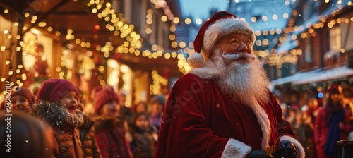 Santa Claus Leading a Joyous Carol Singing Session in a Festively Decorated Town Square photo