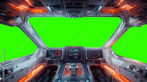 Fototapeta Naklejka Na Ścianę i Meble -  Futuristic spaceship cockpit pilot view with green screen for compositing, advanced control panels, immersive sci-fi design, new beautiful stock image illustration AI.