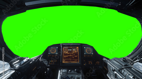 Fototapeta Naklejka Na Ścianę i Meble -  Futuristic spaceship cockpit pilot view with green screen for compositing, advanced control panels, immersive sci-fi design, new beautiful stock image illustration AI.