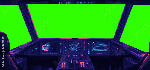 Fototapeta Naklejka Na Ścianę i Meble -  Futuristic spaceship cockpit pilot view with green screen for compositing, advanced control panels, immersive sci-fi design, new beautiful stock image illustration AI.