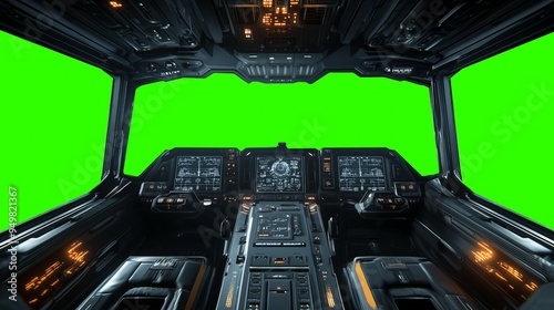 Futuristic spaceship cockpit pilot view with green screen for compositing, advanced control panels, immersive sci-fi design, new beautiful stock image illustration AI.