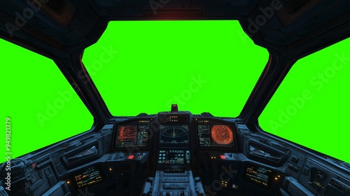 Fototapeta Naklejka Na Ścianę i Meble -  Futuristic spaceship cockpit pilot view with green screen for compositing, advanced control panels, immersive sci-fi design, new beautiful stock image illustration AI.