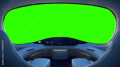Fototapeta Naklejka Na Ścianę i Meble -  Futuristic spaceship cockpit pilot view with green screen for compositing, advanced control panels, immersive sci-fi design, new beautiful stock image illustration AI.