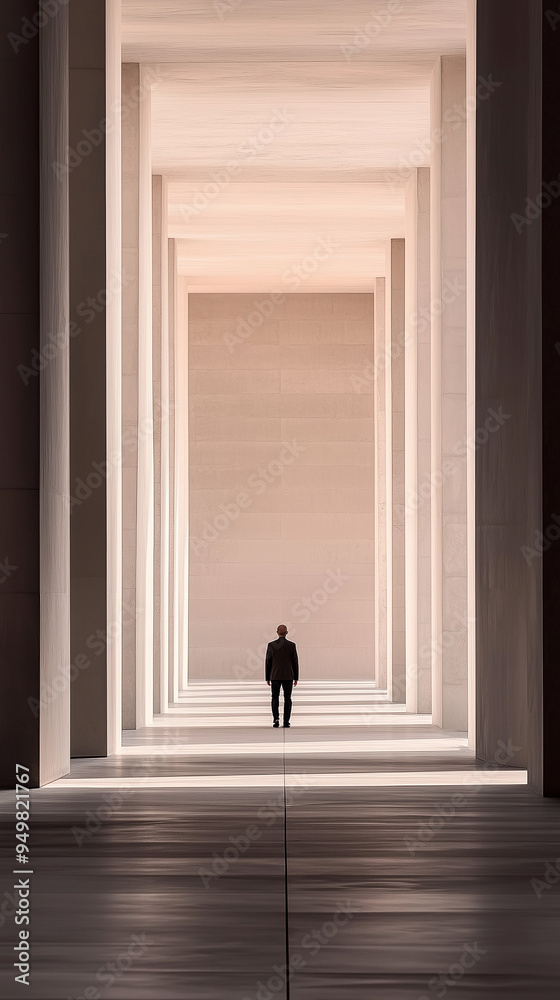Man Walking Through a Majestic Architectural Corridor Man Walking Through a Majestic Architectural Corridor