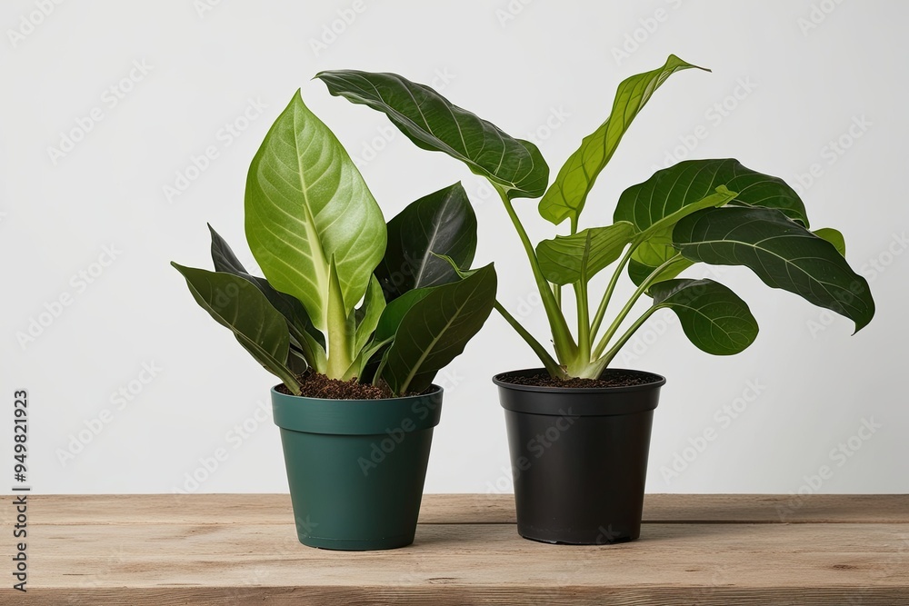 Fototapeta premium Rubber Fig and Dieffenbachia Seguine Potted Plants on White Background