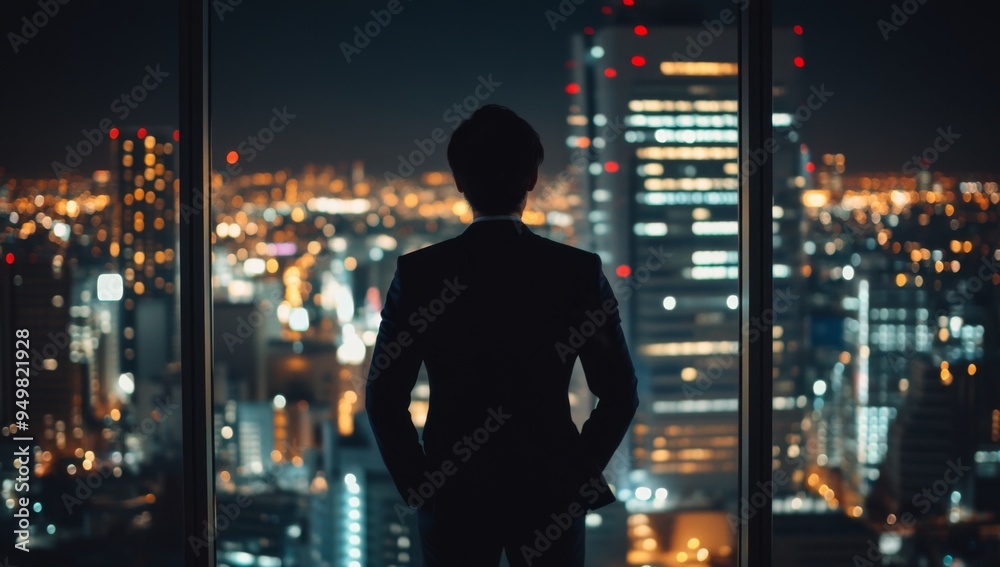 A confident businessman, wearing an elegant suit, stands near the window of a skyscraper office, looking out at the city lights at night A confident businessman, wearing an elegant suit, stands near the window of a skyscraper office, looking out at the city lights at night