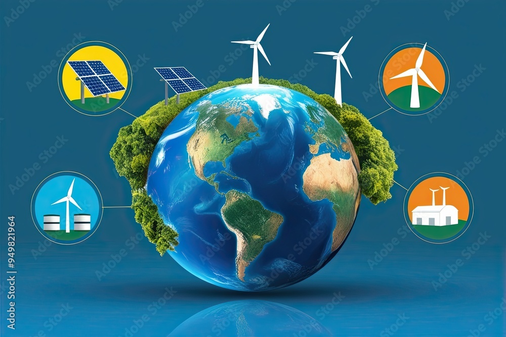 Fototapeta premium Creative Depiction of Earth with Energy-Efficient Icons Featuring Solar Installations and Wind Energy Structures