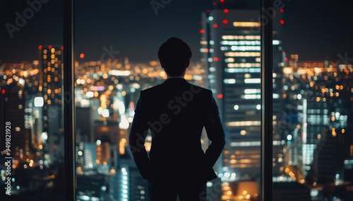 A confident businessman, wearing an elegant suit, stands near the window of a skyscraper office, looking out at the city lights at night 