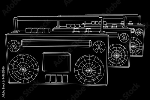 Retro Boombox outdated portable cassette tape recorder. Wireframe low poly mesh vector illustration.