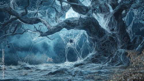 Halloween tree with cobwebs and spiders