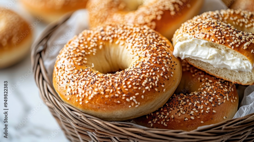 Freshly baked bagel with Sesame seed isolated on white background,Everything bagels topped with cream cheese,New York style bagels for breakfast,Homemade freshly baked bagels,space for text.
