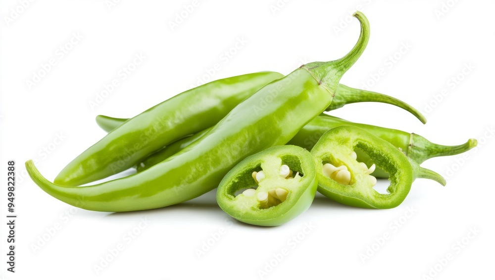 The jalapeno pepper and slices are isolated. The green chili pepper is also isolated. The jalapeno pepper and slices are isolated. The green chili pepper is also isolated.
