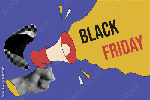 Black Friday banner template design with trendy Halftone effect hand and mouth. Modern Halftone collage business pop art. Nostalgia vector aesthetic for web discord banner.