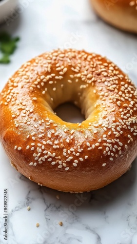 Freshly baked bagel with Sesame seed isolated on white background,Everything bagels topped with cream cheese,New York style bagels for breakfast,Homemade freshly baked bagels,space for text.