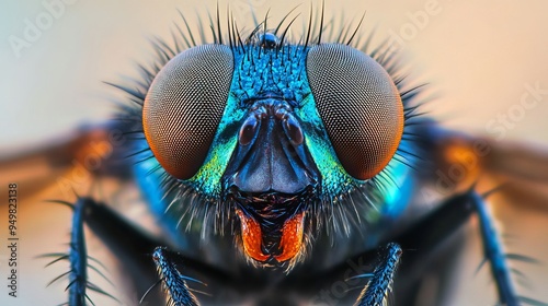 Close-up image of a blow fly, also known as a carrion fly or cluster fly, highlighting the intricate details of its eyes. This image captures the beauty and complexity of insect life.  photo