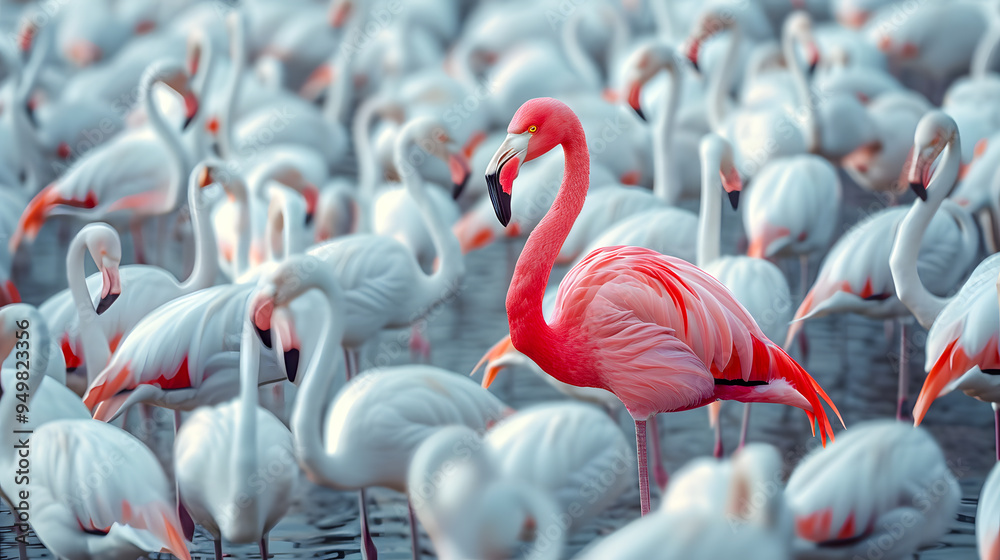 Naklejka premium Standing out from the crowd concept. Pink flamingo standing between many white flamingos 