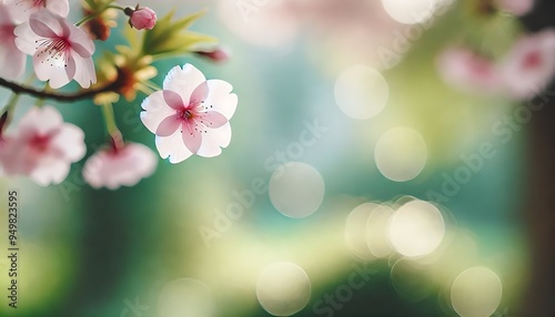 Close-up of cherry blossoms in soft focus with a dreamy background