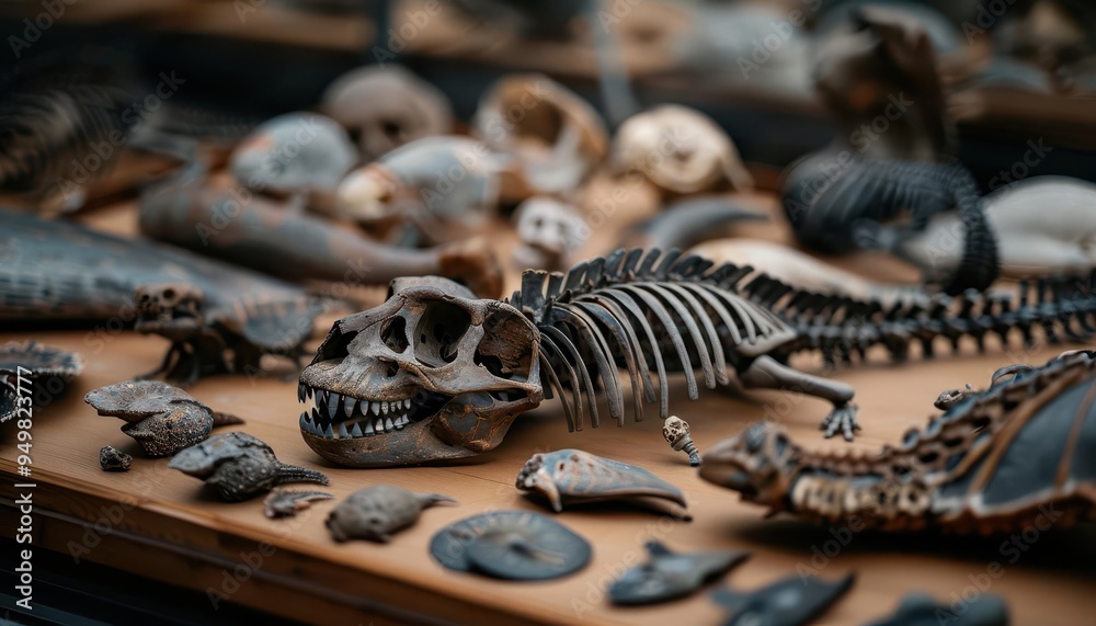 Fossil collection displayed in a museum, historical and detailed, Vintage, Earth tones, Photograph, Paleontological interest Fossil collection displayed in a museum, historical and detailed, Vintage, Earth tones, Photograph, Paleontological interest