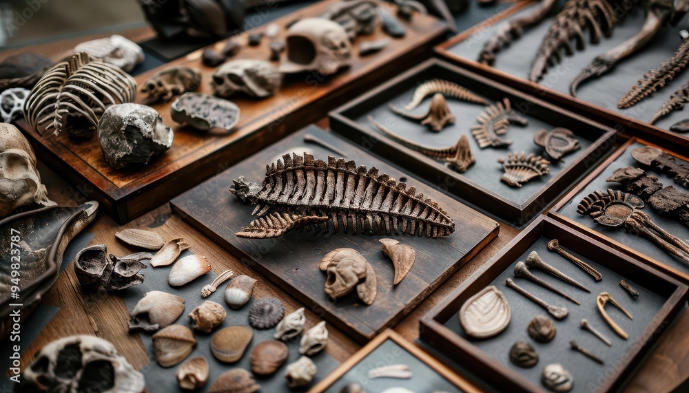Fossil collection displayed in a museum, historical and detailed, Vintage, Earth tones, Photograph, Paleontological interest Fossil collection displayed in a museum, historical and detailed, Vintage, Earth tones, Photograph, Paleontological interest