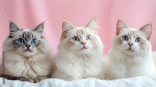 Elegant Trio of Feline Portraits in Delicate Pastel Ambiance