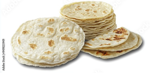 A mockup template for artwork design that includes tortilla tortillas flatbread bread bun on transparent cutout. This template shows many angles, stack, pile, and fold. photo