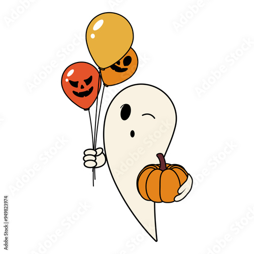 Cute ghost is holding pumpkin and Halloween balloons