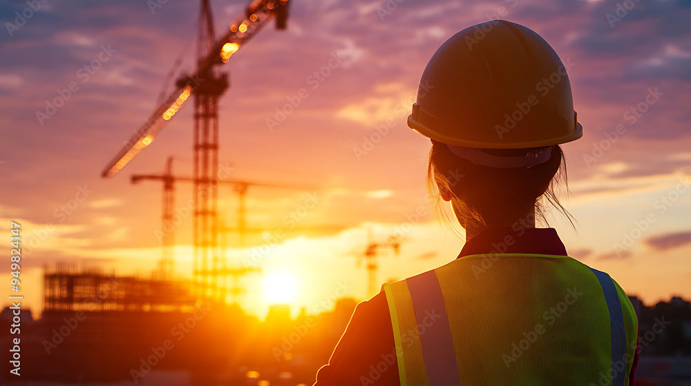 Silhouette of a construction worker in a hard hat, looking at a sunset over a city skyline. Silhouette of a construction worker in a hard hat, looking at a sunset over a city skyline.