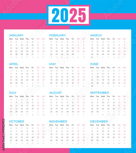 Calendar for 2025 week starting Monday