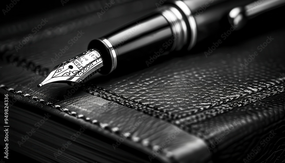 Fountain pen writing on a leatherbound journal, classic and elegant, Vintage, Monochrome, Photograph, Writing sophistication Fountain pen writing on a leatherbound journal, classic and elegant, Vintage, Monochrome, Photograph, Writing sophistication