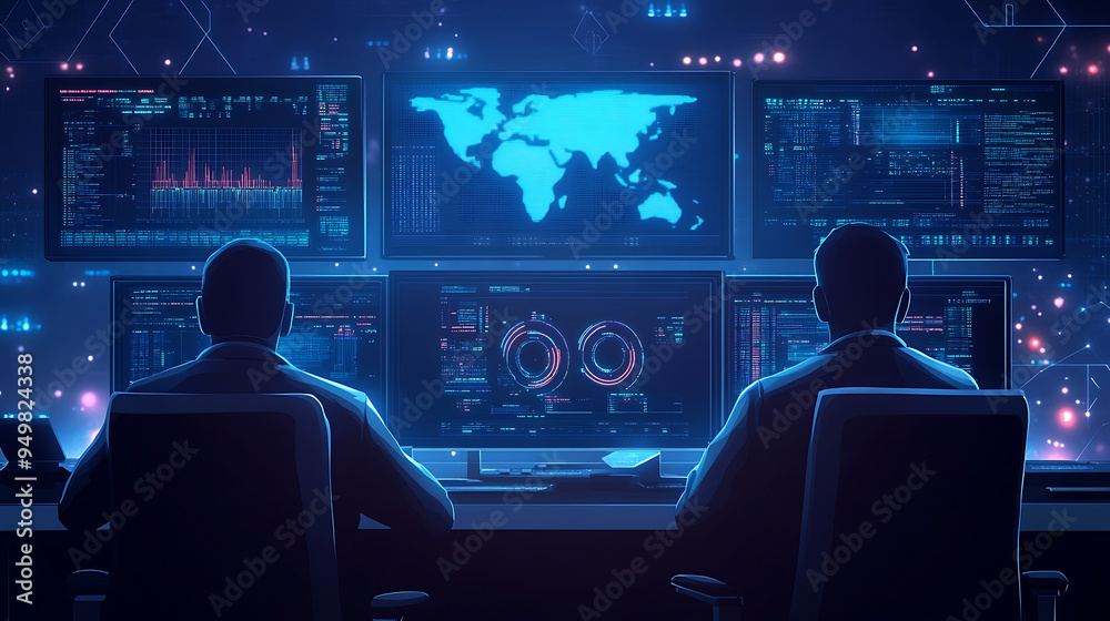 Engineers in a control room monitoring systems Engineers in a control room monitoring systems