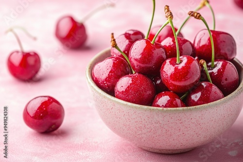 Red Cherries in a Pink Bowl on a Pink Background